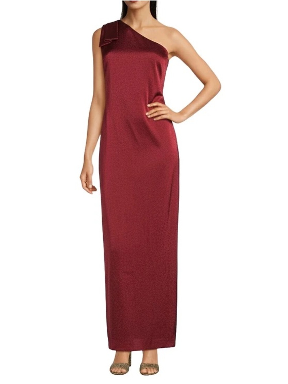 Alex Marie Satin One-Shoulder Bow Maxi Dress